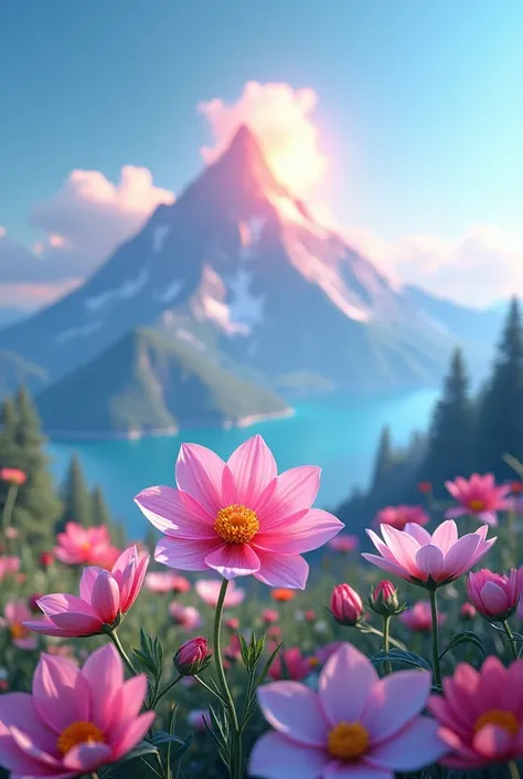 Make a beautiful  picture of  flower-rainbow colour,& beautiful view of a beautiful mountain giving hopeful and happiness life, fantasy,world, attracted image, sky, Peaceful, restful mind relaxing, 3d render,ultra quality, blue background, 16k 