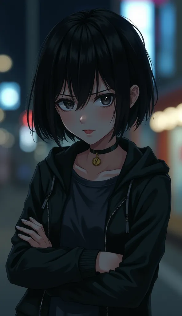 feminine, japanese, light skin, short black hair, cold, piercing eyes, sarcastic expression, dark casual clothing, arms crossed, distant posture, night urban background, dark shadows, soft lighting, close-up do rosto, melancholic atmosphere.