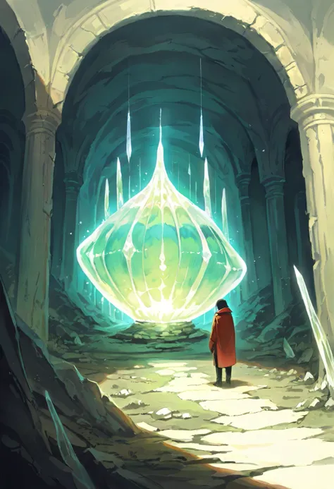 masterpiece, best quality, high resolution, absurdres, incredibly detailed, flawless, score_9, score_8_up, score_7_up, A vast underground world, glowing bioluminescent fungi, mystical, crystals(1boy, solo, focus, a lone adventurer in a rugged exploration s...