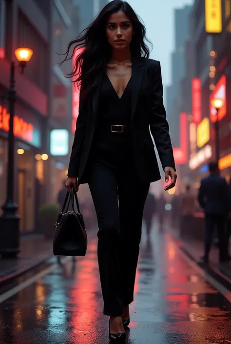 "A realistic UHD full-body image of Priti mid-stride in a sleek black jumpsuit with a structured blazer. Her long hair flows naturally as she walks through a futuristic city street illuminated by neon signs. She holds a stylish handbag and wears high heels...