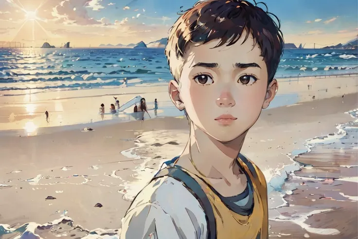 A PHOTO REALSITIC FULL COLOR SKETCH OF A YOUNG ASIAN  BOY NAMED BAILEY ON A BEACH STANDING BEHIND HIS WHITE DOG. NAMES BAILEY AND DAVID SKETCHED AT THE TOP RIGHT CORNER.