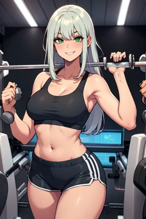 Perfect face. Perfect hands. A young silver haired woman with green eyes with an hourglass figure in a sports bra and shorts is smiling while working out in the gym.