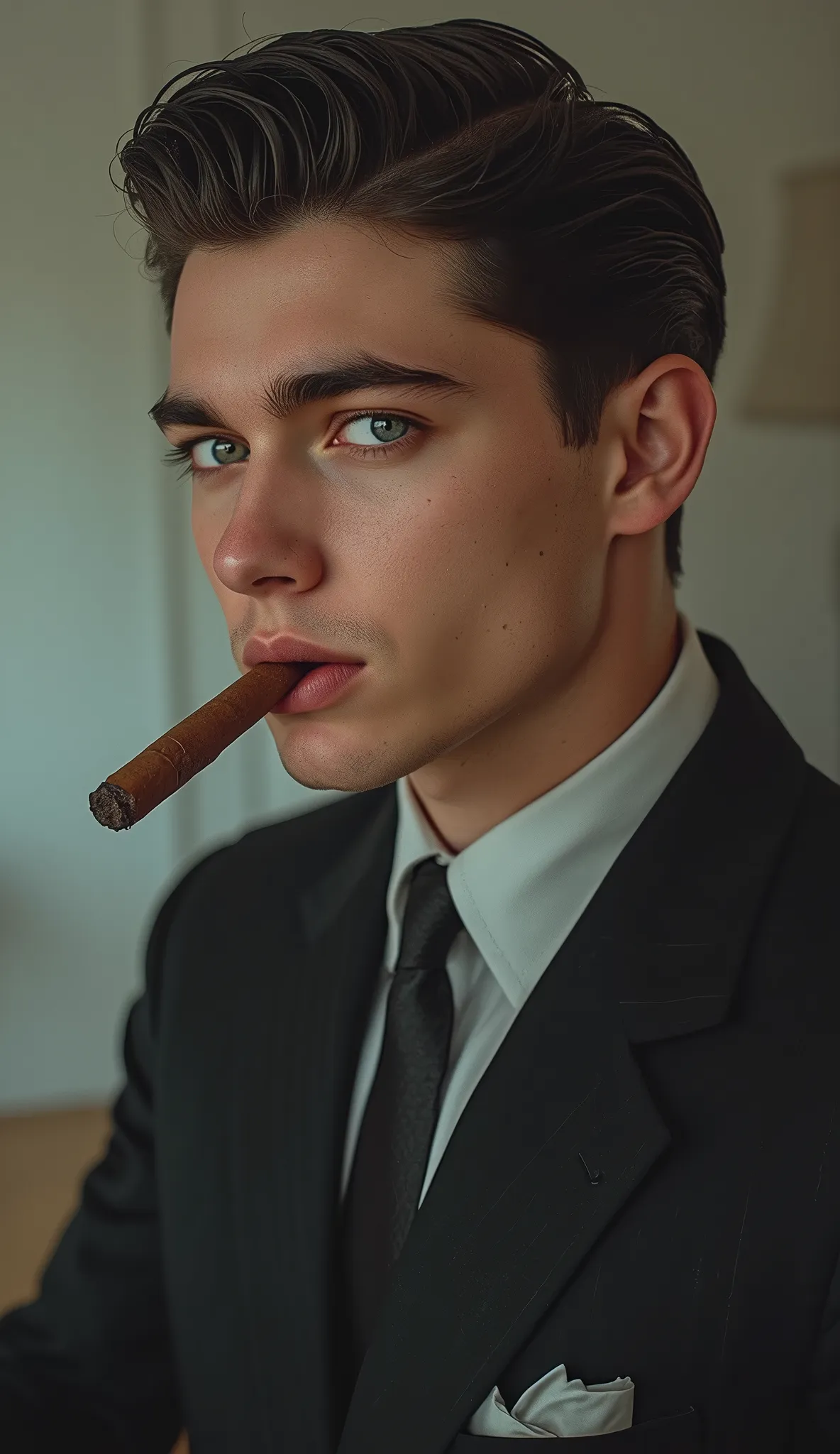 un jeune homme de 20 ans dans un costume noir, mafieux, With a cigar with black hair, wearing Italian hair , michael corleone, photo en couleur