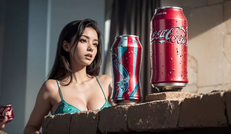 a magnificent large pyramid made of coca-cola cans, with a flowing, waterfall-like appearance, 2 beautiful women who are fascinated, enchanted, and delighted helping themselves to the cola, (best quality,4k,8k,highres,masterpiece:1.2),ultra-detailed,(reali...