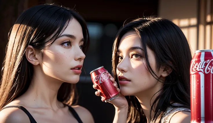 a magnificent large pyramid made of coca-cola cans, with a flowing, waterfall-like appearance, 2 beautiful women who are fascinated, enchanted, and delighted helping themselves to the cola, (best quality,4k,8k,highres,masterpiece:1.2),ultra-detailed,(reali...