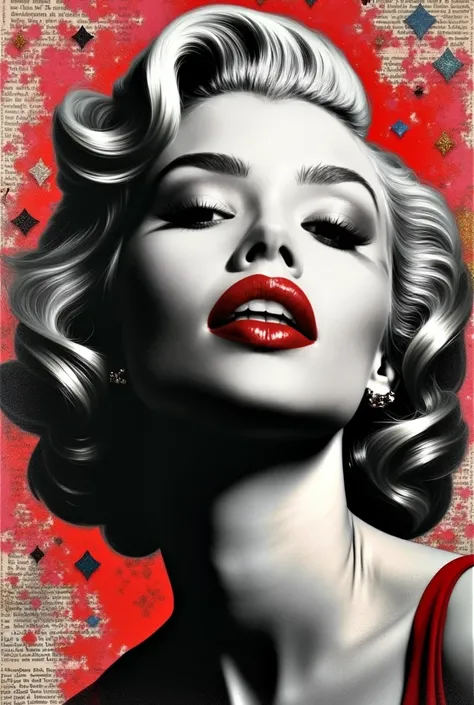  “Hyperstylized portrait of a woman inspired by Marilyn Monroe ,  with deep red lips and porcelain skin .  Black and white background with abstract geometric lines .  Pop art style inspired by Andy Warhol ,  mixed with vintage newspaper collage and neon gl...