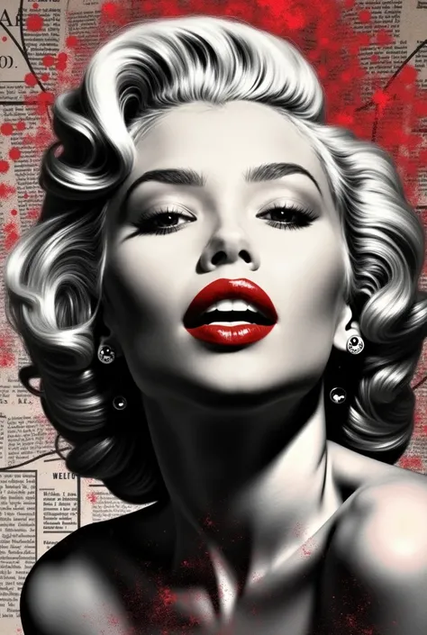  “Hyperstylized portrait of a woman inspired by Marilyn Monroe ,  with deep red lips and porcelain skin .  Black and white background with abstract geometric lines .  Pop art style inspired by Andy Warhol ,  mixed with vintage newspaper collage and neon gl...