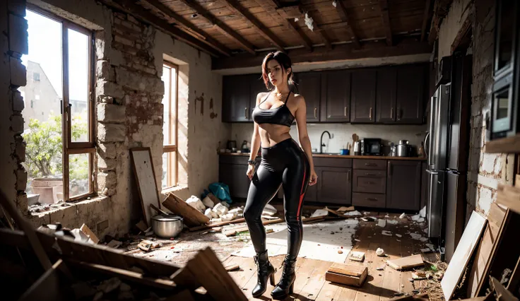 a sexy woman in a tight outfit with big breasts, looks like Tomb Raider,  black boots ,  is standing in a completely rundown smashed kitchen and eats noodles with sauce,  detailed face ,  realistic, foto realistic,  high quality, cinematic lighting,  dynam...