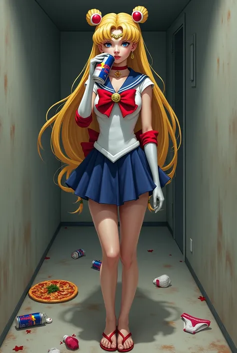 Sailor Moon is wearing a Nazi dress, Does a Red Bull drink, Alone, Smiling, anime, Pizza on the ground, Underwear on the floor , Red Bull cans on the floor