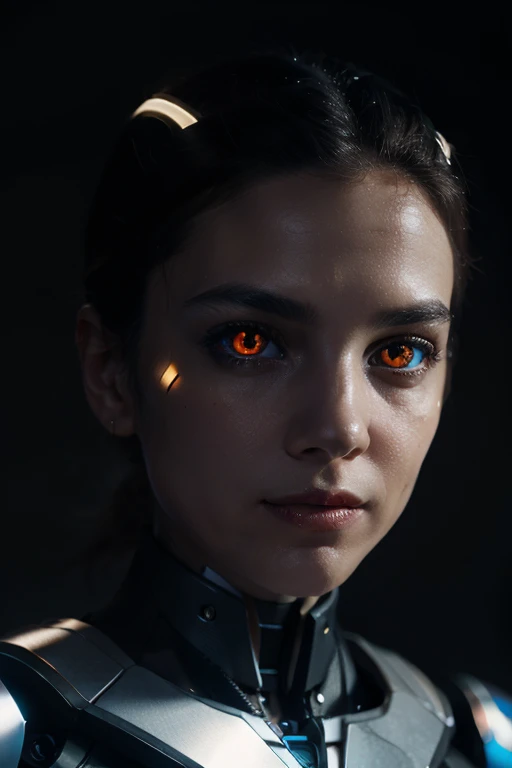  Create a closeup profile photo of the most aesthetically advanced robot, hybrida ,  dark background,  eyes shining red ,  each piece of blue beegaris robot ,  as if real , flux, 