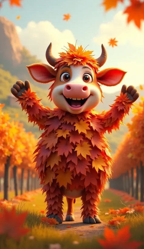 Cute cow, cartoon 3D, arms raised, cheerful eyes, looking at viewer, standing, made of autumn leaves, vibrant reds and golds, vineyard background, leaves falling, 4k, detailed texture, warm.