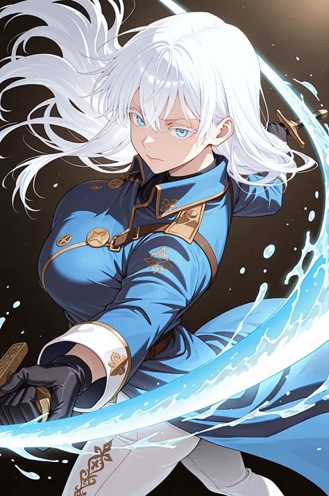 1girl, Gojo Satori, blue eyes, white eyelashes, white hair, long hair, hair between eyes, large breasts, from above, from side, foreshortening, black gloves, Male Fantasy Clothes, blue coat, white pants, cool, high fashion, closed mouth, holding sword, wat...