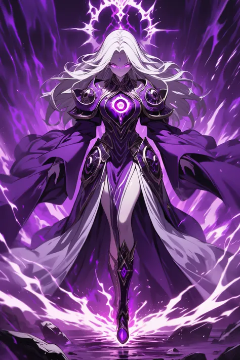 The Voidborn, white long haired woman, epic purple robes, best quality, purple background ( void ) , purple void eye aura behind her