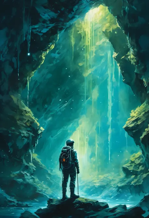 masterpiece, best quality, high resolution, absurdres, incredibly detailed, flawless, score_9, score_8_up, score_7_up, A vast underground world, glowing bioluminescent fungi, mystical, crystals(1boy, solo, focus, a lone adventurer in a rugged exploration s...