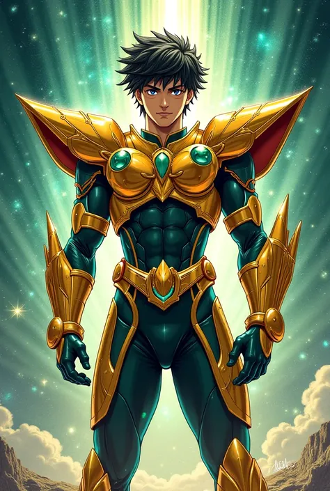 16-year-old man wearing the armor with green reflections of the extraterrestrial Saint Seiya, Manga painting