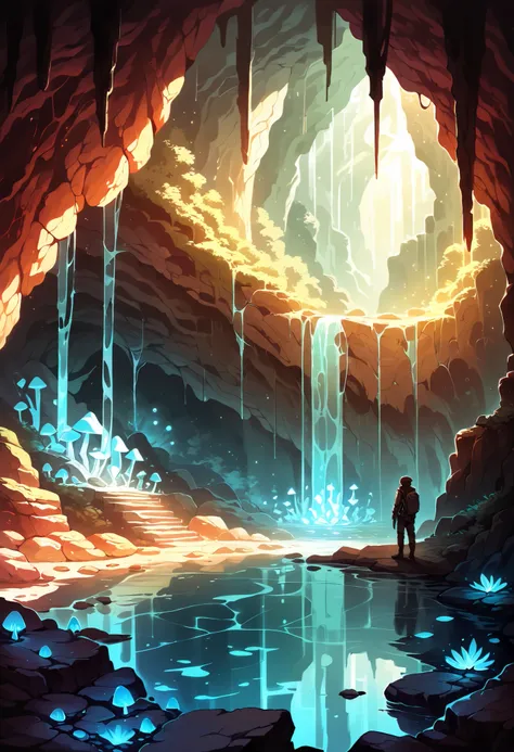 masterpiece, best quality, high resolution, absurdres, incredibly detailed, flawless, score_9, score_8_up, score_7_up, A vast underground world, glowing bioluminescent fungi, mystical, crystals(1boy, solo, focus, a lone adventurer in a rugged exploration s...