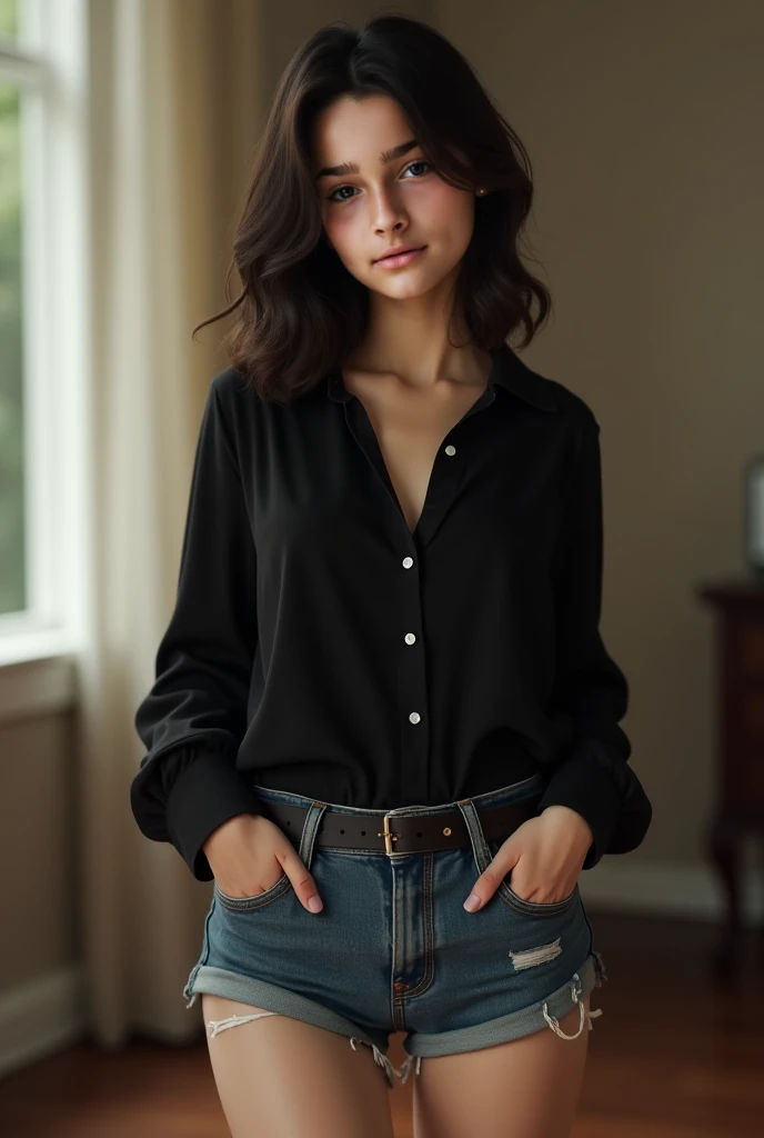  Consistent character,  Photorealistic, inside the house,  black blouse, short denim shorts,  thin