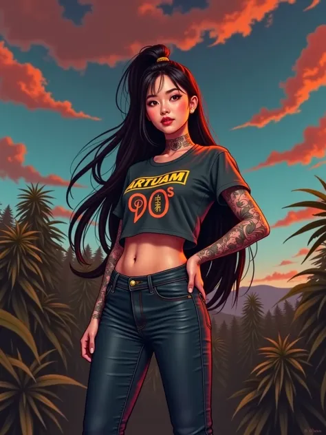  . 8k three-dimensional photo taken with high quality camera ,  Round-faced Asian girl  ,Tattoos,  A seductive smile,   sexy in various poses  ,   Exciting  , Outdoor on the mountain, Standing among the cannabis trees    ,  Transparent T-shirt in bright co...