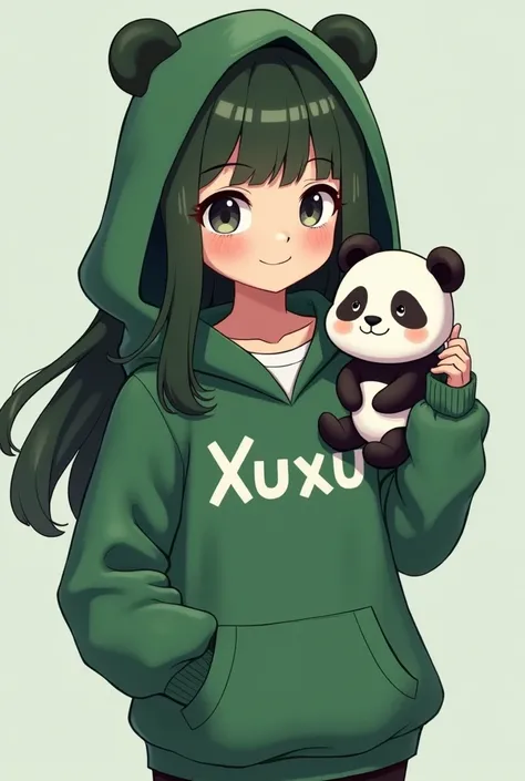  I want a character with the following characteristics, Animation-style woman,  fair skin long dark green hair ,  she must be dressed in a green sweatshirt, with hood. Written Xuxu , she will also be holding a small panda in her hand