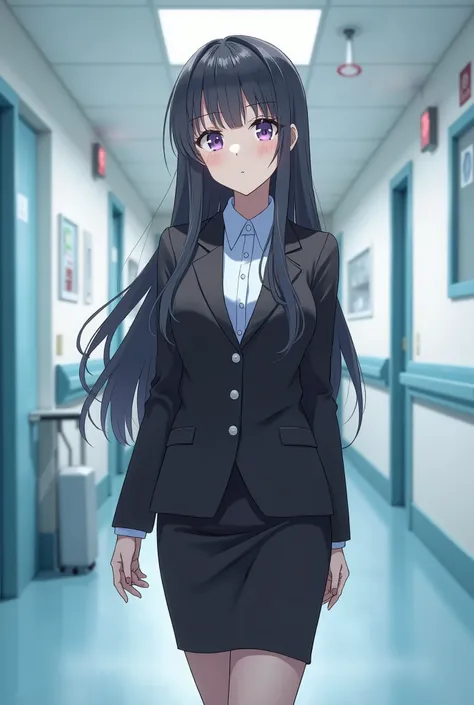 (best quality:1.3), (masterpiece:1.3), anime, 1girl, beautiful girl, suit, office lady, black skirt, black blazer, pencil skirt, light blue shirt, collared shirt, long hair, ager, black hair, lavender eyes, looking at viewer, full body, hospital, age 17,  