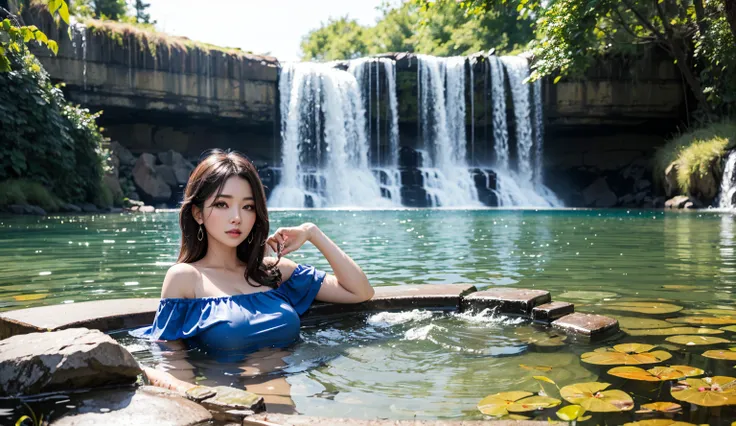 hot milf with off-the-shoulder shirt swims in a pond and looks seductive. in the background you can see a huge waterfall