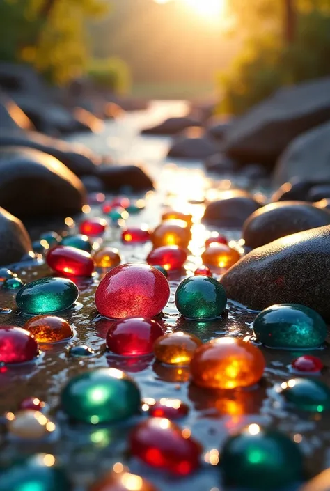 A realistic early morning scene at around 7 AM, depicting a river’s origin surrounded by scattered, vibrant gemstones. The river emerges from a rocky landscape, with smooth, polished gemstones in deep reds, fiery oranges, rich blues, and lush greens strewn...