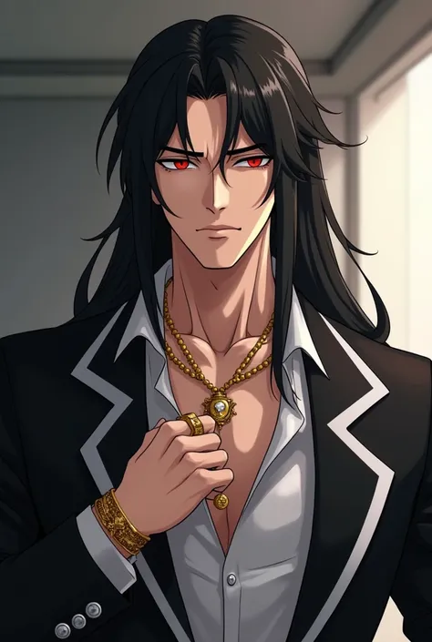 A 30-year-old man with long black hair and ruby eyes. pointy facial features , eyes with tired squinting.  Athletic physique, even pumped. Wearing a black and white business suit,  bracelets and necklaces decorated with gold elements . In the style of anim...