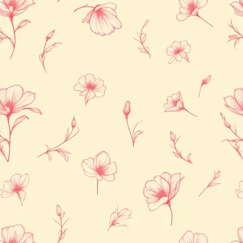 The image is a seamless pattern of pink flowers and leaves on a light yellow background. The flowers are drawn in a sketch-like style with thin lines and are arranged in a repeating pattern. The petals of the flowers are a soft pink color and the leaves ar...