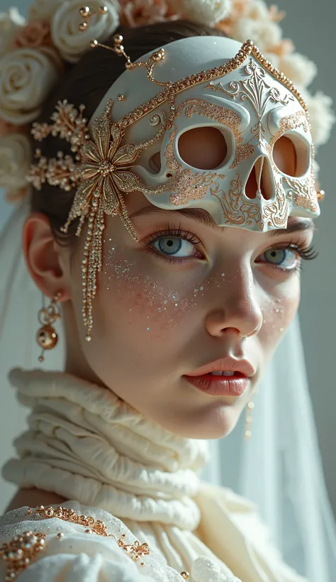 Imagine a mesmerizing photo portrait of a woman that blends ethereal beauty with avant-garde fashion in an otherworldly scene. Her luminous, porcelain-like skin radiates a soft, celestial glow, perfectly balanced with the rose gold and white tones that dom...