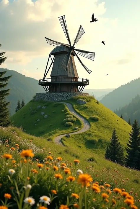  A picturesque windmill stands on a green hill ,  which rises gently and extends from a dense ,  dark green forest is surrounded .  The mill has an old ,  but well-preserved wooden roof and its wings rotate slowly in the wind .  The sky is slightly cloudy ...