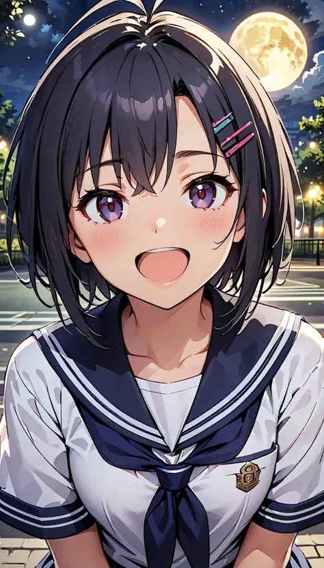 Commemorative photo of a girl ,  in the seat,   black hair,  Shortcut,  antenna hair,  hair clip,   Old Girl ,   uniforms ,  sailor suit , ((( night park,  big moon background:1.4))), :1.2, By letter:1.4, Close your eyes and laugh, (( girl with slightly op...