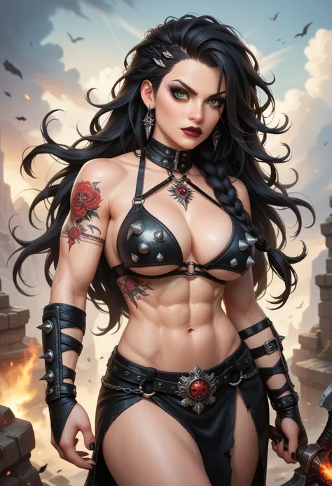 score_9, score_8_up, score_7_up, score_6_up, (masterpiece), (best quality), (beautiful detailed face, beautiful detailed eyes), dynamic pose, dark fantasy, berserker, savage, tattered barbarian bikini, snarl, ((large breasts)), ((black hair)), (long hair),...