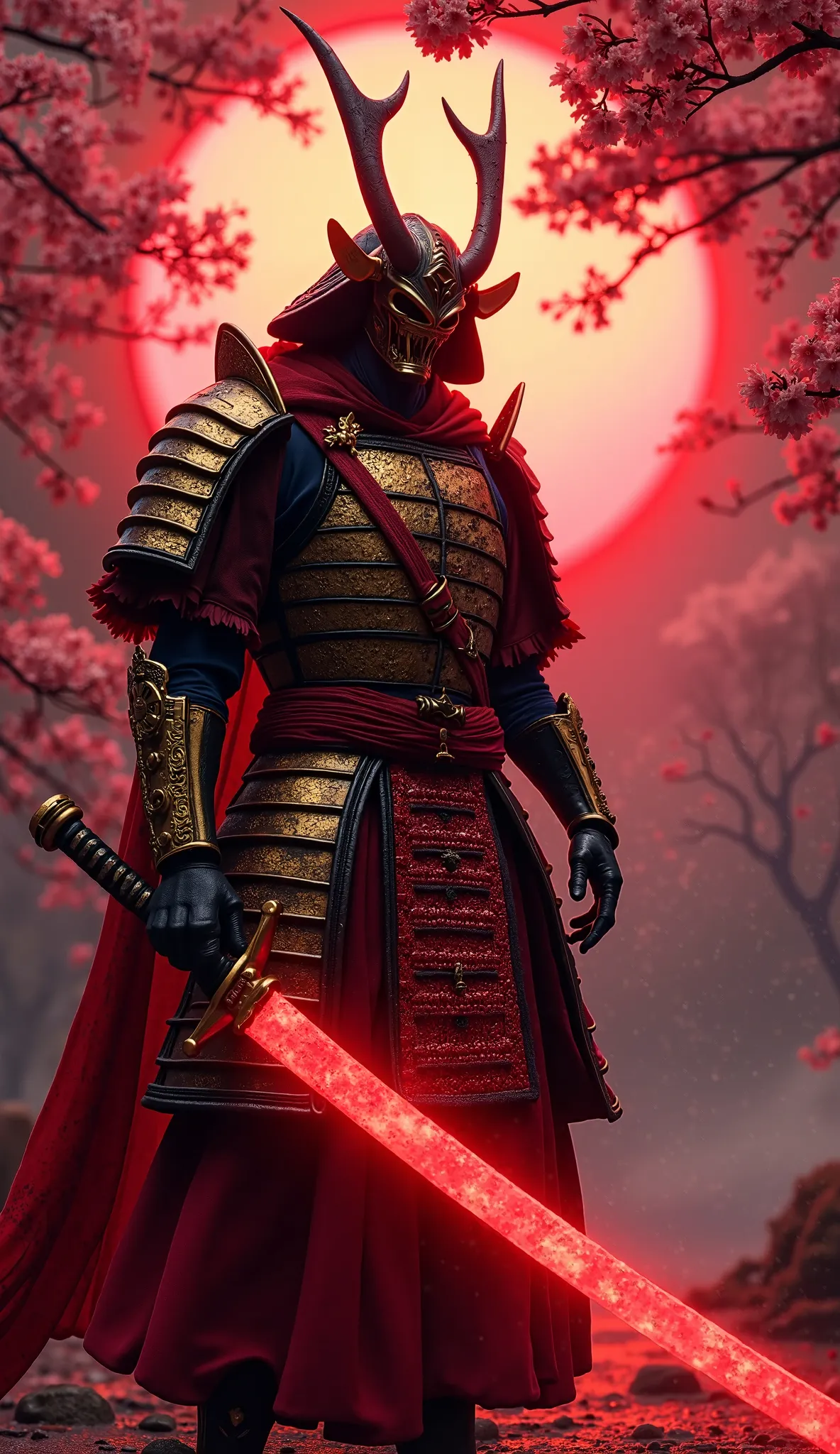 A dark demon warrior wearing a gold and red japanese samurai armor holding a giant red glowing Katana , japanese cherry blossom garten at night, red glowing light, cinematic, end boss scenery, FredFraiStyle