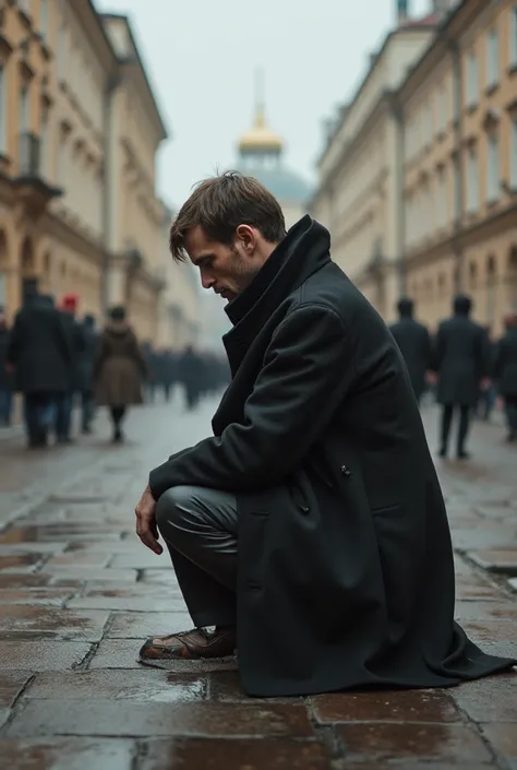 Picture a character from the novel Crime and Punishment Raskolnikov standing on cooen on Sennaya Square in St. Petersburg in 1865. Raskolnikova must look very sad and sorry . He should kiss the ground and sit on his lap, and people should walk near him and...