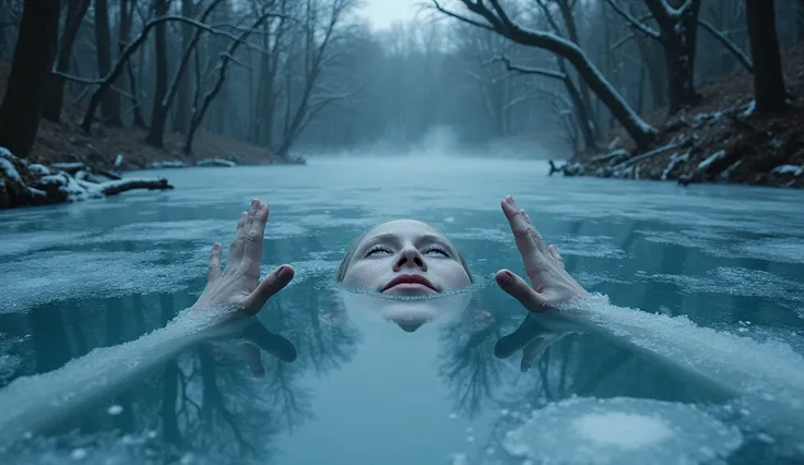 "A frozen lake in the middle of a dark, wintery forest. The ice is smooth and glassy, but just beneath the surface, ghostly hands press against it, trapped and reaching upwards. The faint face of a drowned woman is barely visible beneath the ice, her hollo...