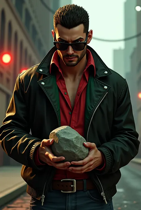 An adult must wear leather jacket black glasses red green shirt hold a stone in his hand and be in the game San Andreas
