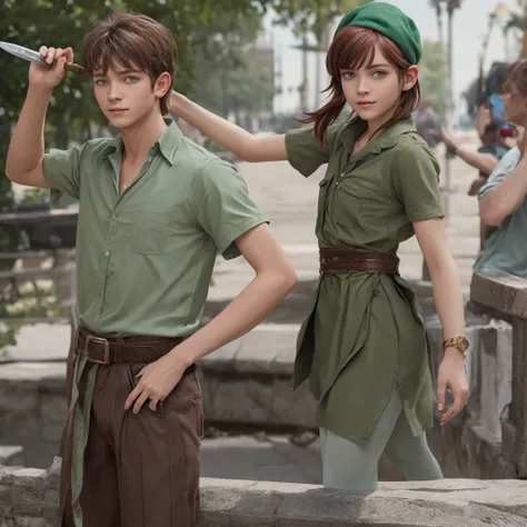 adult teenage male Peter Pan,Pointy Ears,  red short hair with bangs, brown eyes, Caucasian, green tunic Short sleeve v neckline jagged edged collar shirt, brown belt around the waist with a golden ballpoint dagger on the left hip, green tunic tights, brow...