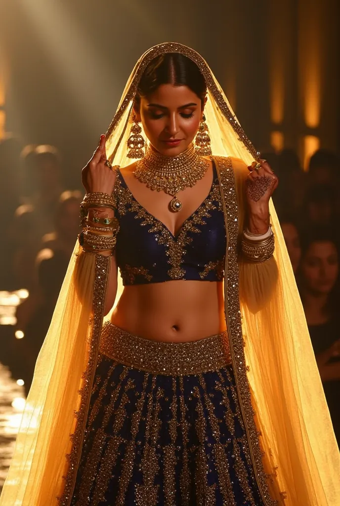 (masterpiece, best quality:1.2), She wears a deep royal blue lehenga, the gold zari work catching the firelight as she walks. Her sheer gold veil barely covers her sculpted waistline, leaving her perfect navel and toned stomach on full display. A grand mul...