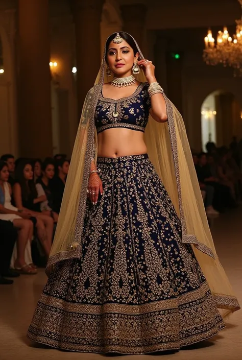 (masterpiece, best quality:1.2), She wears a deep royal blue lehenga, the gold zari work catching the firelight as she walks. Her sheer gold veil barely covers her sculpted waistline, leaving her perfect navel and toned stomach on full display. A grand mul...