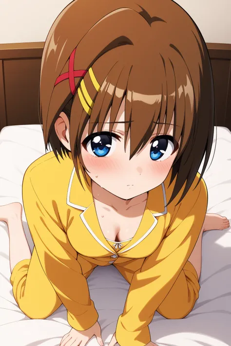 masterpiece,best quality,{{detailed beautiful face and eyes}}, very detailed background,
Hayate Yagami,{{{megami magazine}}},short hair,brown hair,hair ornament,x hair ornament,hair between eyes,blue eyes,small breasts,
((yellow pajamas)),
1girl,cleavage,(...