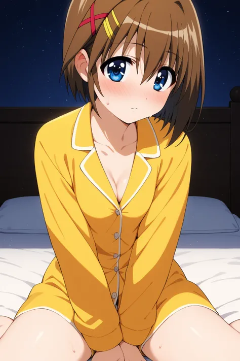 masterpiece,best quality,{{detailed beautiful face and eyes}}, very detailed background,
Hayate Yagami,{{{megami magazine}}},short hair,brown hair,hair ornament,x hair ornament,hair between eyes,blue eyes,small breasts,
((yellow pajamas)),
1girl,cleavage,(...