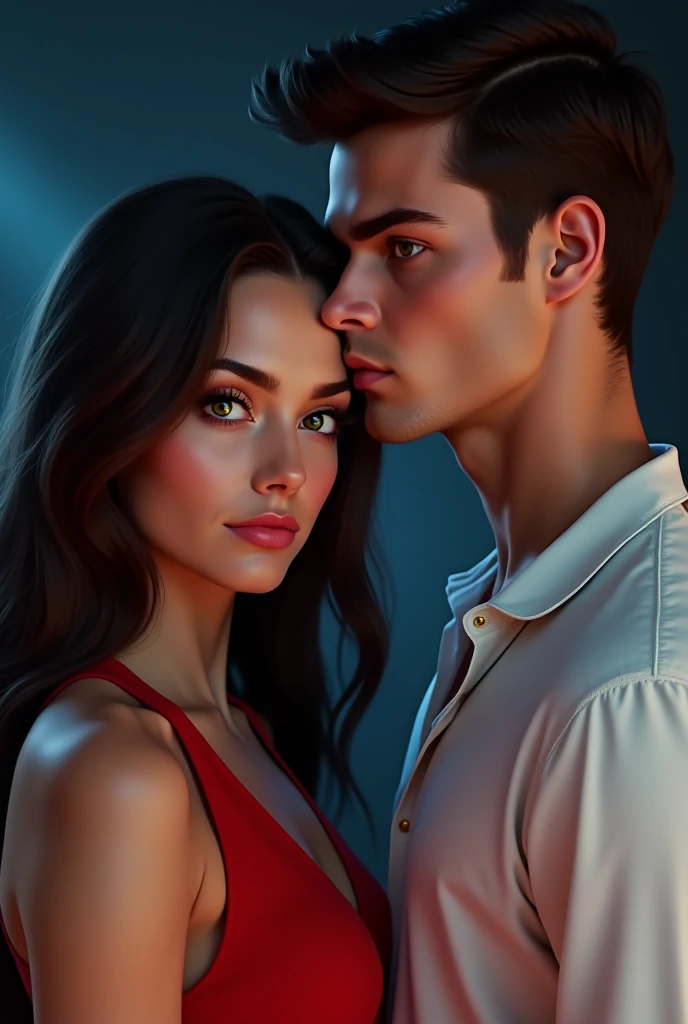  young and sexy couple with a serious and decisive appearance .  On the left is a beautiful woman with long dark brown hair, striking light brown eyes . To the right, a man with dark hair brushed ,  marked jaw and a penetrating look green eyes .  the woman...