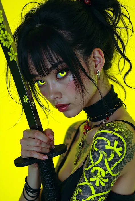 Editorial Vivienne Tam photography of a gothic punk rebel Japanese [woman] with neon yellow and black tattoos and wielding a katana, [yellow and black], close up, in the style of anime art, expressive textural quality, photo-realistic techniques, vibrant c...