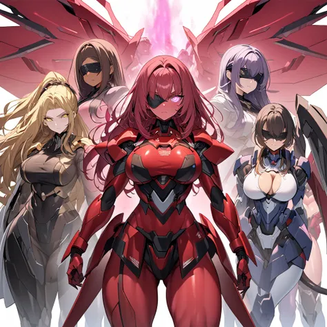 Anime, high detailed, multiple womans, mature womans, mecha armor, large mechanical wings, "Automotive-like" details on their mecha armors, blindfold (They're all using blindfolds), serious, large clawed Gauntlet, red skin, curvy body, long mechanical tail...