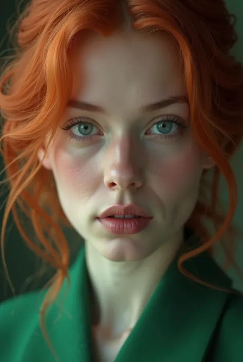 there is a woman with a red hair and a green dress, a colorized photo by Ludwik Konarzewski, tumblr, digital art, soft portrait shot 8 k, cinematic close-up bust shot, highly detailed vfx portrait, cinematic goddess close shot, cinematic bust shot, cinemat...