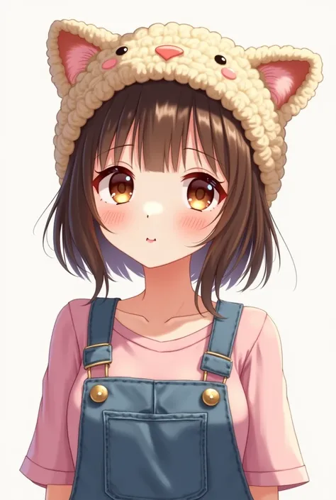  Create an image of an anime girl in a crochet cap with cat ears,  She has brown eyes ,  white skin, brown eyes and full lips , Wear denim jumpsuit with pink shirt

ChatGPT said:
​