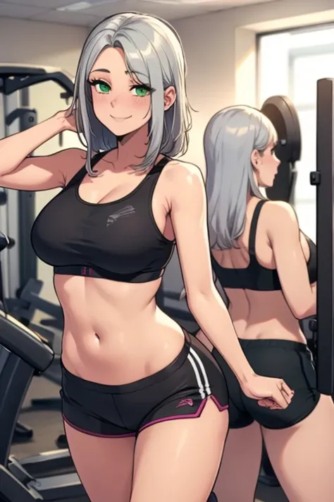 Perfect face. Perfect hands. A young silver haired woman with green eyes with an hourglass figure in a sports bra and shorts is smiling while working out in the gym.