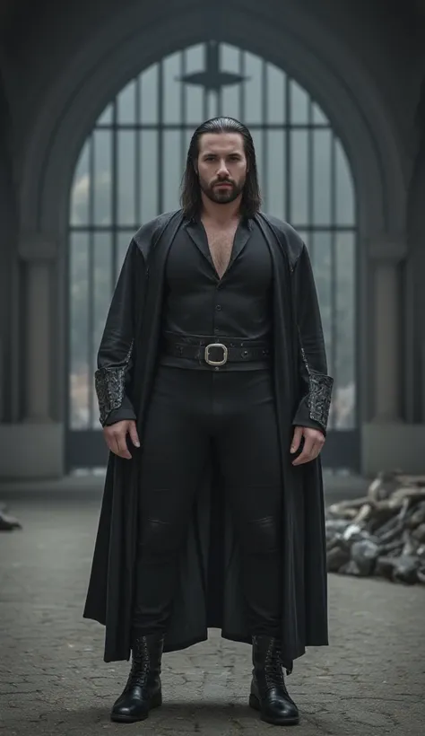 A man with a charming personality,Slim body type,Toned body,perfect body,Long black hair that reaches the ground,Gothic Costume,Gatekeeper of the Underworld,The underworld shrouded in eerie mist,Big Underworld Gate,Standing in front of the gates of the und...