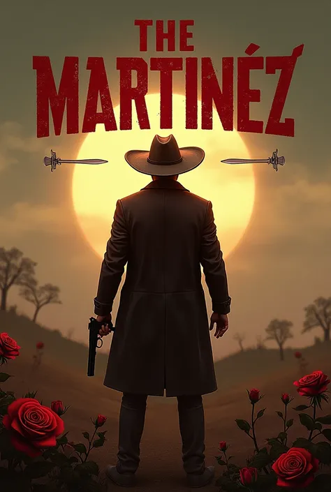 The last name Martinez between daggers , rose,  a Mexican ranch hat and a revolver.