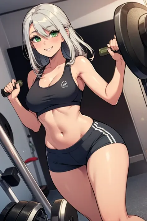 Perfect face. Perfect hands. A young silver haired woman with green eyes with an hourglass figure in a sports bra and shorts is smiling while working out in the gym.